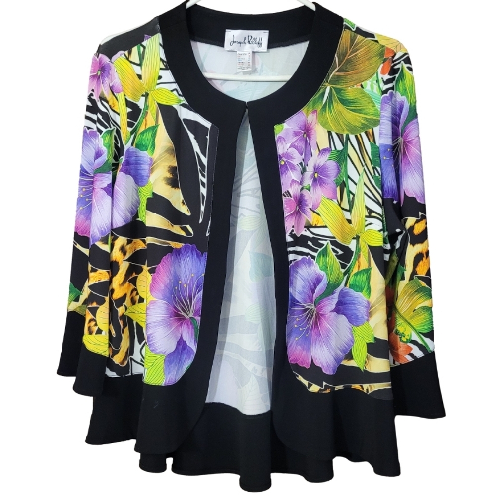 Joseph Ribkoff purple floral lightweight jacket with black peplum Back  size 14*